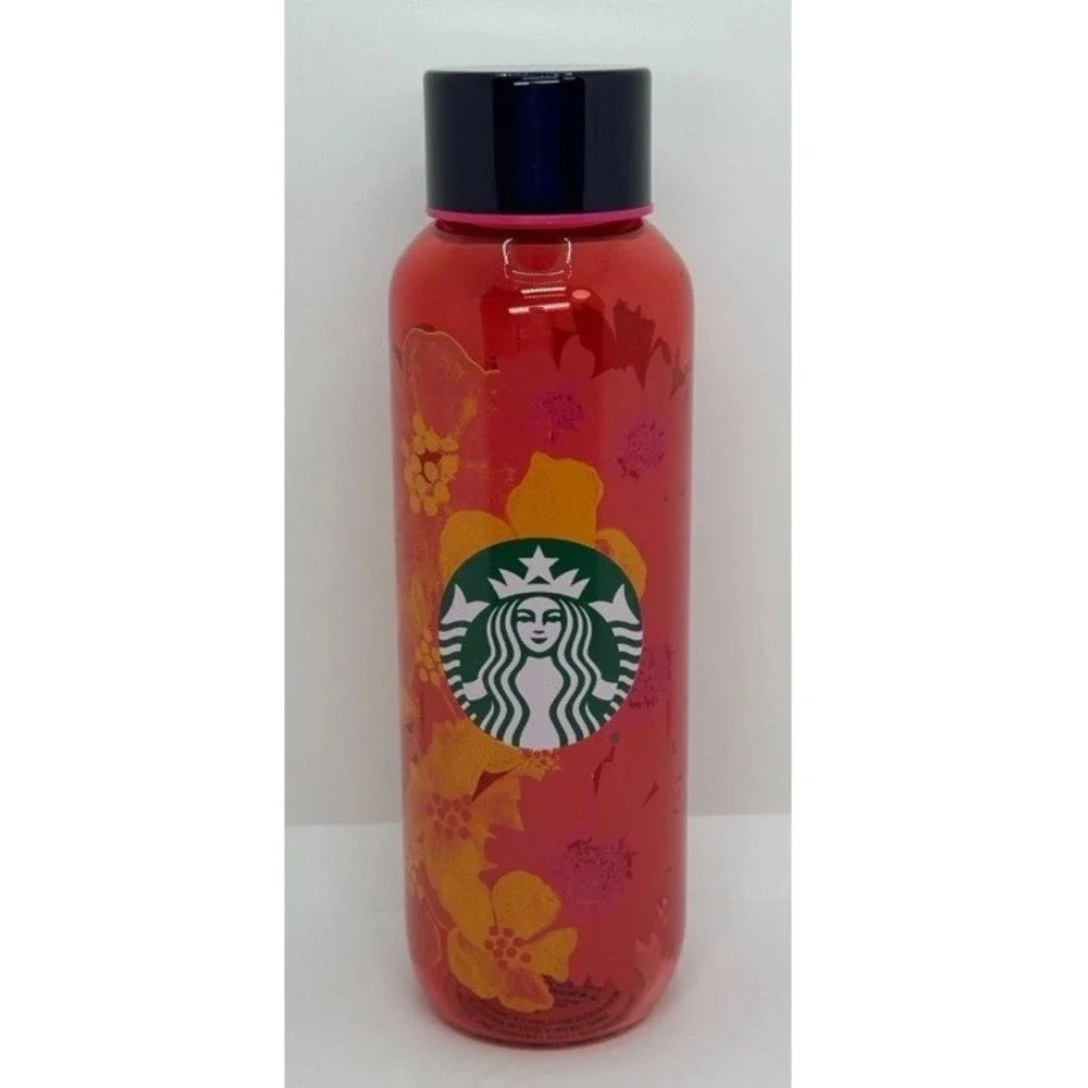 New Starbucks Strawberry Flower‎ Red Pink Floral Glass Water Bottle 20 oz